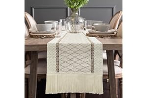 VAKOWOO Table Runner 180cm, Table Runners Modern Linen, Cream Beige Table Runner with Tassels, Bohemian Gold Cotton Table Runner for 4- 6 Dinning Table, Decorate for Bedroom, Cabinet, Wedding, Banquet