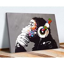 Banksy DJ Monkey Gorilla Peinture Imprimée Sur Toile Encadrée 76 X 50