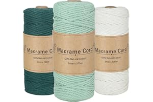 BUCOMTU 3 Stück Makramee Garn,3mm x 300m Baumwollkordel in Naturtönen (dunkelgrün, hellgrün, beige),Perfekt für DIY-Handarbeiten, Flechtkunst und kreative Verpackungen