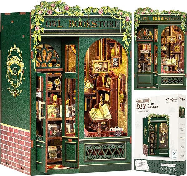 CUTEBEE Book Nook Kit Owl Bookstore - DIY Miniatur Haus mit LED, 3D Puzzle Erwachsene, Mini Puppenhaus als Bücherregal Deko, Miniatur Bibliothek Bausatz für Kreative, Geschenk für Erwachsene - 1
