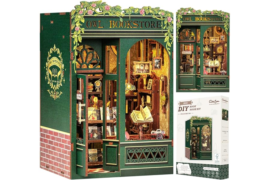 CUTEBEE Book Nook Kit Owl Bookstore – 3D Wooden Puzzle for Adults, DIY Miniature House with LED, Bookshelf Decor, Creative Gifts for Teens & Adults