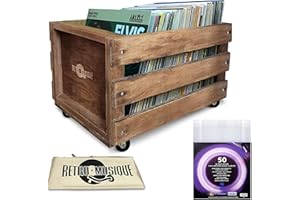 Retro Musique wooden 12 "LP vinyle bac de rangement pour jusqu'à 100 albums sur roues (manchon PVC) couverture en tissu Hesse comprend 50 vinyle disques manteaux (finition chêne)