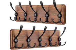 SKOLOO Garderobenleiste Holz, Vintage, Stabile Kleiderhaken Wand mit 5 Dreifachhaken, 2er-Pack, zum Aufhängen von Kleidung, Mantel, Hüten, Jacken, Rucksack, Hakenleiste Holz Vintagebraun