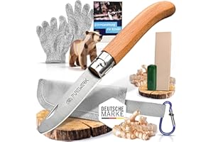 PUREWERK® - Schnitzmesser Kinder ab 6 Jahre [mit abgerundeter Spitze] - klappbares Outdoor-Taschenmesser mit Holzgriff - Schnitzset mit Kinderschnitzmesser, Etui, Handschuhen und mehr