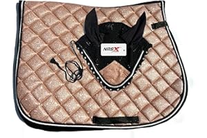 NASX SPORTS Glitter Saddle Pad Shining Shimmer Saddlepad Set with matching Fly Veil Bonnet Set Padded Earnet (FULL, Gold)