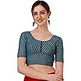 Sft Round Neck Cotton Lycra Stretchable Elbow Sleeves Readymade Saree Blouse for Women Stylish