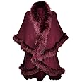 Damen Kunstpelz Poncho Cape - Winterlicher Strick Umhang Mit Fellkragen In Einheitsgröße