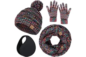 VZV 4-in-1 Winter-Set für Damen, Bommelmütze, Touchscreen-Handschuhe, Strickschal, Fleece-Ohrenschützer