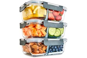 Igluu Meal Prep - Recipientes de vidrio de 2 compartimentos con tapas herméticas SnapLock - Almacenamiento con control de porciones - Sin BPA - Apto para microondas, lavavajillas y horno [set de 3]