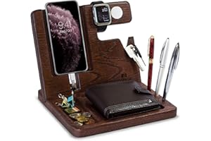 TESLYAR Natural Oak Wood Phone Docking Station Key Holder Wallet Stand Watch Organizer Men Gift Husband Wife Anniversary Dad Birthday Nightstand Purse Father Graduation Male Travel Idea Gadgets Solid
