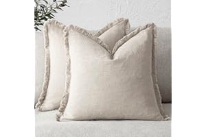 Foindtower Set of 2 Decorative Linen Fringe Throw Pillow Covers Cozy Boho Farmhouse Cushion Cover with Tassels Soft Accent Pillowcase for Couch Chair Sofa Bed Living Room Home Decor,18×18 Inch,Beige