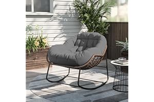 BPKADHY Silla Mecedora para Exteriores,Mecedora Jardín Exterior para Grande de Ratán,Mecedora Salon Acolchado e Impermeable,Soporta hasta 150 kg,Ideal para Jardín,Terraza y Balcón,Gris