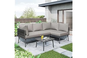 Jaxenor 4 Seater Garden Sofa Set with Adjustable Foot Legs, Thick Quality Outdoor Garden Furniture Sets, Outdoor Sofa with Glass Coffee Table, L-Shaped Corner, Grey