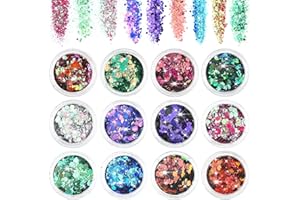 Giantree paillettes pour le visage corps, 12 couleurs hex visage paillettes set visage ongles cheveux corps paillettes accessoires festival paillettes pour musique festival décoration (Couleur 1)