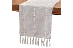 Wracra Baumwoll Leinen Tischläufer Bauernhaus Stil Grau Tischläufer 120cm mit Handquasten für Partys, Esszimmer-Dekorationen, Dessert-Tischdekoration(Leichter Grau, 120cm)