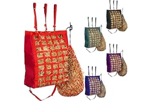 MAJESTIC ALLY Slow Feed Hay Bag and Hay Net Combo for Horses, Adjustable Travel Feeder for Trailer and Stall, Feeding Sack with Strap Support, Simulates Grazing, Reduces Waste (Red)