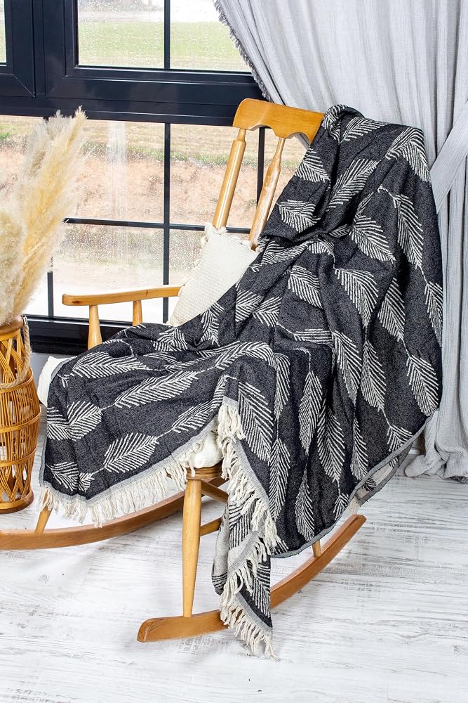 RAYME TEKSTIL Lüks 100% Pamuk Koltuk Şalı TV Battaniyesi, Geniş 130x170 cm Yüksek Kaliteli Pamuklu Kumaş Dekoratif Koltuk Atma Şal Battaniyeleri (Cozy Nest Siyah)