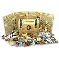 Schatzkiste gefüllt mit Edelsteinen, Pyrit und Rohsteinen + informativen Beilageheften zum Lernen über den Inhalt…