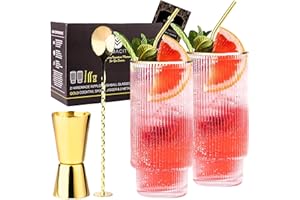VEMACITY Ensemble de Verre Gin Tonic Highball avec Jantes Dorées | Accessoires Cocktail en Or | 2 Verres Cocktail, 2 x Pailles en Métal, Cuillère de Bar, Mesureur d'alcool | Livre électronique de recettes