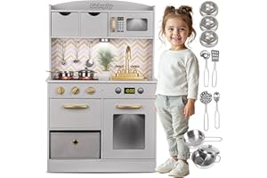 GREEN SERIES Cocina Juguete de Madera con Luces y Sonidos | Cocina de Juguete de Madera para niños de 3 a 6 años | Accesorios de Acero Inoxidable | Altura Ajustable de 92 a 107 cm | Cocinita Madera Infantil
