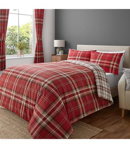 Rapport Lomond Check 100 Percentage Geborsteld Katoen Dekbedovertrek, Terracotta, Enkel