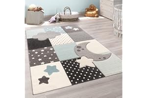 Paco Home Kids Rug, Childrens Rug Pastel With 3D Clouds Star Motifs Check Patterns Rainbow, Size:80x150 cm, Colour:Blue 3
