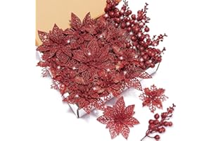 XMASTELL Poinsettia Artificial Flowers Set, 22 Pcs Christmas Flowers for Tree with 16 Poinsettia & 6 Berries Picks, Xmas Tree Flower Decorations for Festive Home Decor Red