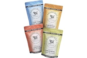 Raging Bull 1kg Biltong Combo - 250g Original Biltong, 250g Chilli Biltong, 250g Teriyaki Biltong, 250g Droewors - High Protein Snacks - Grass Fed Beef Biltong - Low Carb Carnivore Meat Snacks