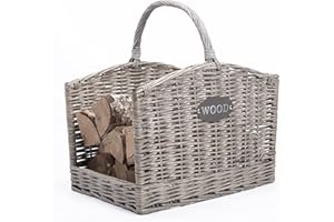 WICKERFIELD Rustic Shabby Chic Style Grey Natural Wicker Fireside Log Basket Heavy Duty Kindling Wood Basket Home Storage Basket (Medium)