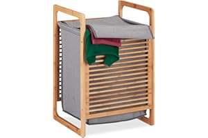 Relaxdays Portabiancheria, Bambù, Mobiletto Rettangolare, Coperchio, da Bagno, HLP: 60x40x35 cm, Legno Naturale/Grigio