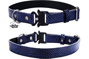 FAVPET Collar de Perro de Cuero con Etiqueta de ID QR, Collar de Perro Hecho a Mano con Hebilla Cobra, Collar para Perros Pequeños, Collar de Perro Mediano, Collar para Perros Grandes (M, Azul)
