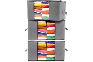 Stackzy Large Clothes Storage Bags – Sturdy Fabric Closet Organiser – Foldable Storage Solution for Closet or Underbed – Storage Bin with Reinforced Handles- 3pcs 90L Capacity