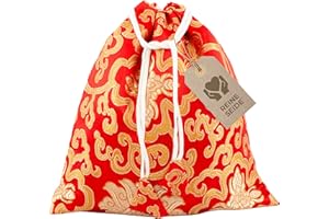 Avanda Beutel/Tasche für Klangschalen bis Ø 15 cm, reine Seide aus Nepal, praktischer Kordelzug, traditionelle Handarbeit, rot-gold