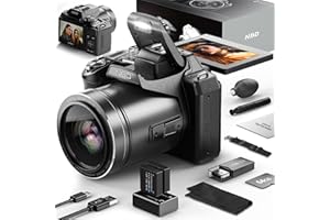 Camera QCY 64MP Digitalkamera Fotokamera und Video, 5K Vlog Kamera mit 3'' Flip Screen, 16X Digitalzoom, WiFi& Autofokus, Kameragurt&Stativ, 2 Akkus, 32GB TF Karte