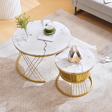 IBUYKE Ronde Nesttafel, Afneembare Set van 2 Koffietafels, Stapelbare Sofa Bijzettafel Kanttafel, voor Woonkamer, Slaapkamer, Kantoor, Balkon, Appartement, Wit en Goud TMJ062G