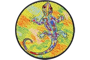 EXPRESS-STICKEREI GECO Pegatina Bordada Parche Tatuaje Lagarto Colorido Divertido Iron-On Psicodélico Gekko Lagartos Iron-On Salamandra Decosticker Aplicación para coser/planchar 80x80mm