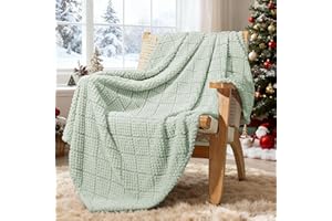 Whale Flotilla Fuzzy Fleece Throw Blanket for Sofa, Couch, Bed, 130x150 CM Soft Fluffy Jacquard Waffle Blankets for All Season, Lightweight and Warm, Sage Green