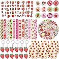 YYMYMGJ Strawberry Party Favors 110PCS Strawberry Theme Slap Bracelets Stickers Key Chains Badge Gift Bags Temporary Tattoos for Kids Baby Shower Berry First Birthday Party Supplies Decorations