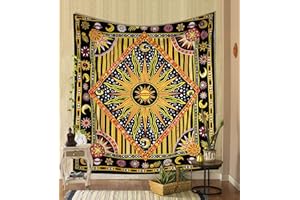 THE ART BOX Arazzo con sole bruciante, poster celestiale, con stampa di luna e stelle, in cotone, da appendere alla parete, stile bohémien, hippie, decorazione da spiaggia, copriletto, tenda, coperta,