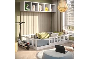 CADANI Timi Lit au Sol 120x200 cm Lit Enfant Montessori avec Barrière de Sécurité et Sommier à Lattes, Bois Massif Pin, Blanc, 3 Variantes de Construction