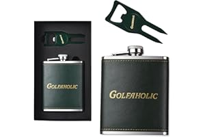 Shanker Golf - Hip Flask & Divot Tool Golf Gift Set - Golfaholic Hip Flask & 4-in-1 Divot Tool Set - Funny Golf Gifts for Men - Ball Marker, Groove Cleaner & Bottle Opener
