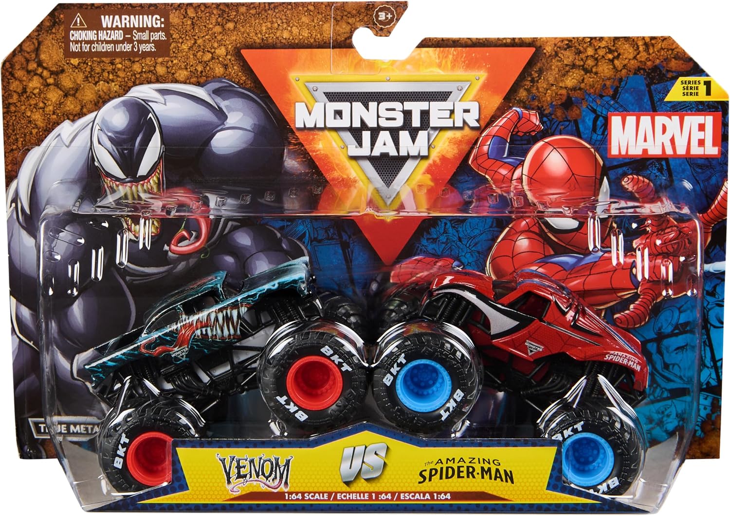 Monster Jam - Pack 2 Coches Monster Truck Marvel Oficial Escala 1:64 Metálicos: Venom Vs. Spiderman - Coches para Niños - Juegos Infantiles - Juguetes Niños 3 años +