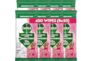 Dettol Antibacterial Multipurpose Cleaning Wipes, Pomegranate & Lime, 400 Wipes (50 x 8pck) Disinfectant, Biodegradable, 10X Cleaning power vs Water alone, Kills 99.9 Percent of Germs