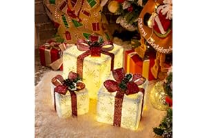 Solpex Set of 3 Christmas Lighted Gift Boxes, 60 LED Light up Present Boxes, 8 Modes Christmas Parcels Lights with Bow for Party, Home, Tree Decoration (Red)