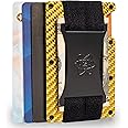 ROSSM Slim RFID Blocking Minimalist Wallet for Men - Thin Front Pocket Wallet with Metal Cash Strap and Money Clip - Forged Carbon Fiber Ember/Pacific AirTag, Gold Carbon, Small