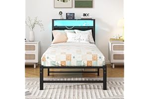 VERFARM 3ft Single Bed Frames with Wooden Storage Headboard Shelf and Charging Station/LED Lights, Heavy Duty Metal Bed Frame Single, No Box Spring Needed, Noise Free, Strong Steel Slat Support, Black