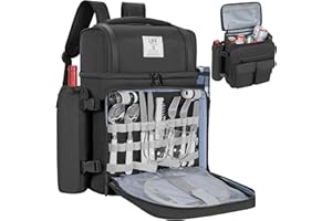 OUUTMEE 30L Sac à Dos de Pique-Nique pour 2 Personnes avec 2 Compartiments Réfrigérants Isolés et Étanches, Sac de Pique-Nique avec Vaisselle et Couverture, pour Plage, Camping, Randonnée (Noir)