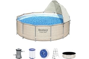 Bestway Power Steel Frame Piscine 396 x 107 cm avec Pare-Soleil, kit Complet avec Pompe de Filtration Ronde, Aspect rotin Beige