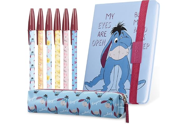 Disney Set Papeterie Kawaii, Kits de Fournitures Scolaires, Fournitures de Bureau, Carnet, Trousse, Stylo, Enfant Fille Adulte Cadeau Mickey Minnie Bourriquet Baby Yoda (Bleu Bourriquet)