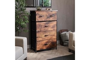 Vida Designs Chorley Komoda z 5 szufladami, materiałowy organizer do przechowywania z drewnianym blatem, metalowa rama i uchwyty, idealna do sypialni, salonu, pokoju dziecięcego, rustykalny brązowy